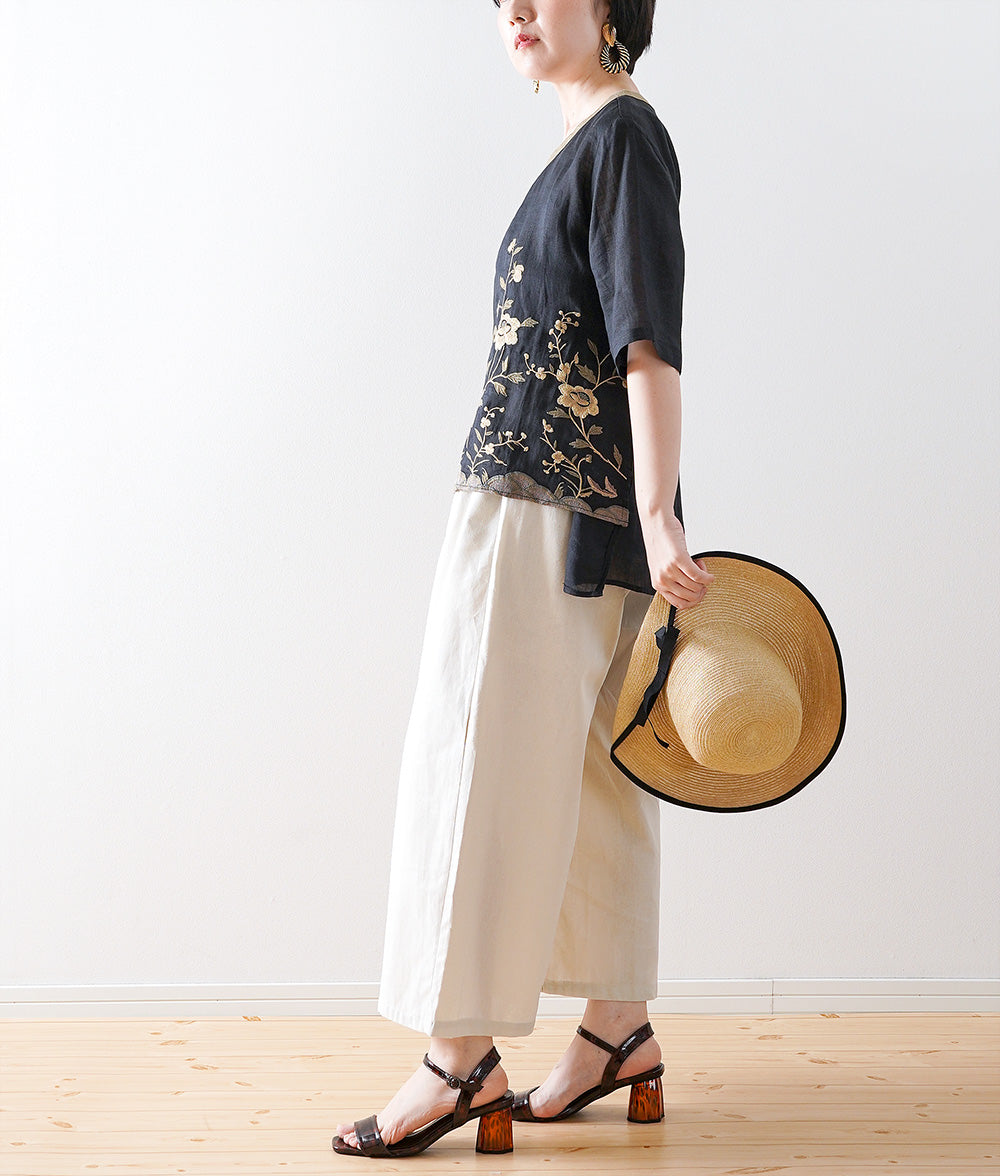 【SALE】Linen blend loose cropped wide pants