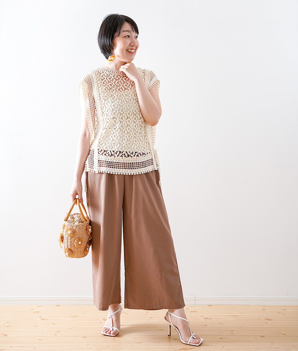 【SALE】Linen blend loose cropped wide pants