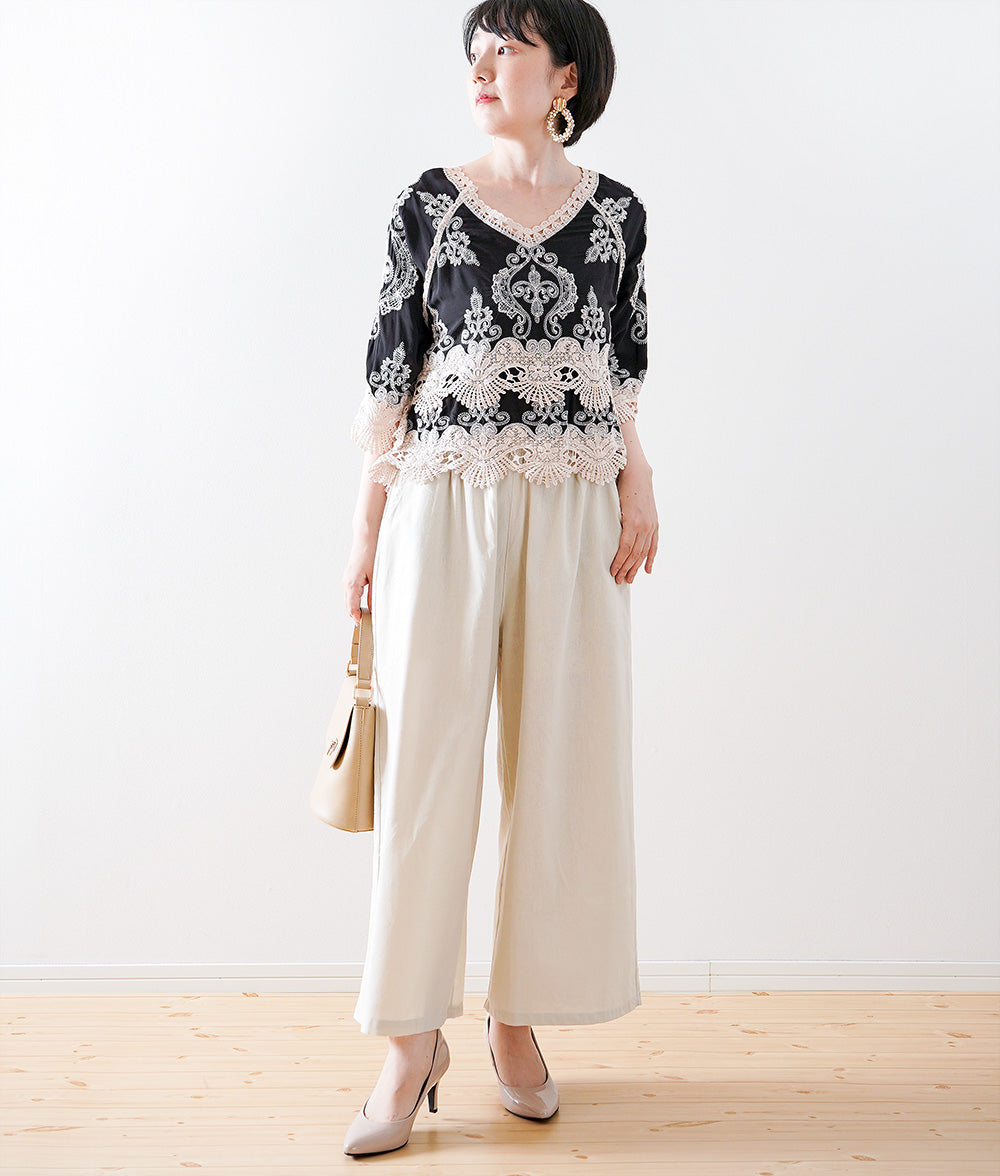 【SALE】Linen blend loose cropped wide pants