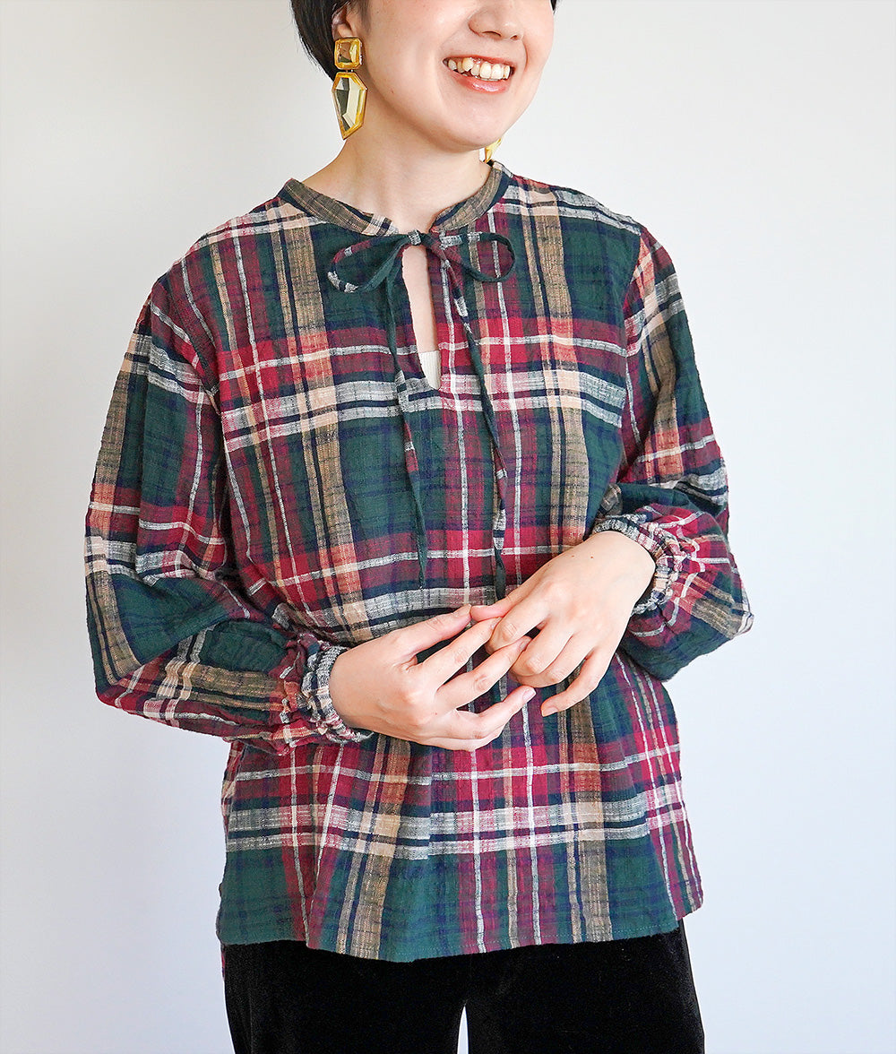 【SALE】Natural slub check blouse