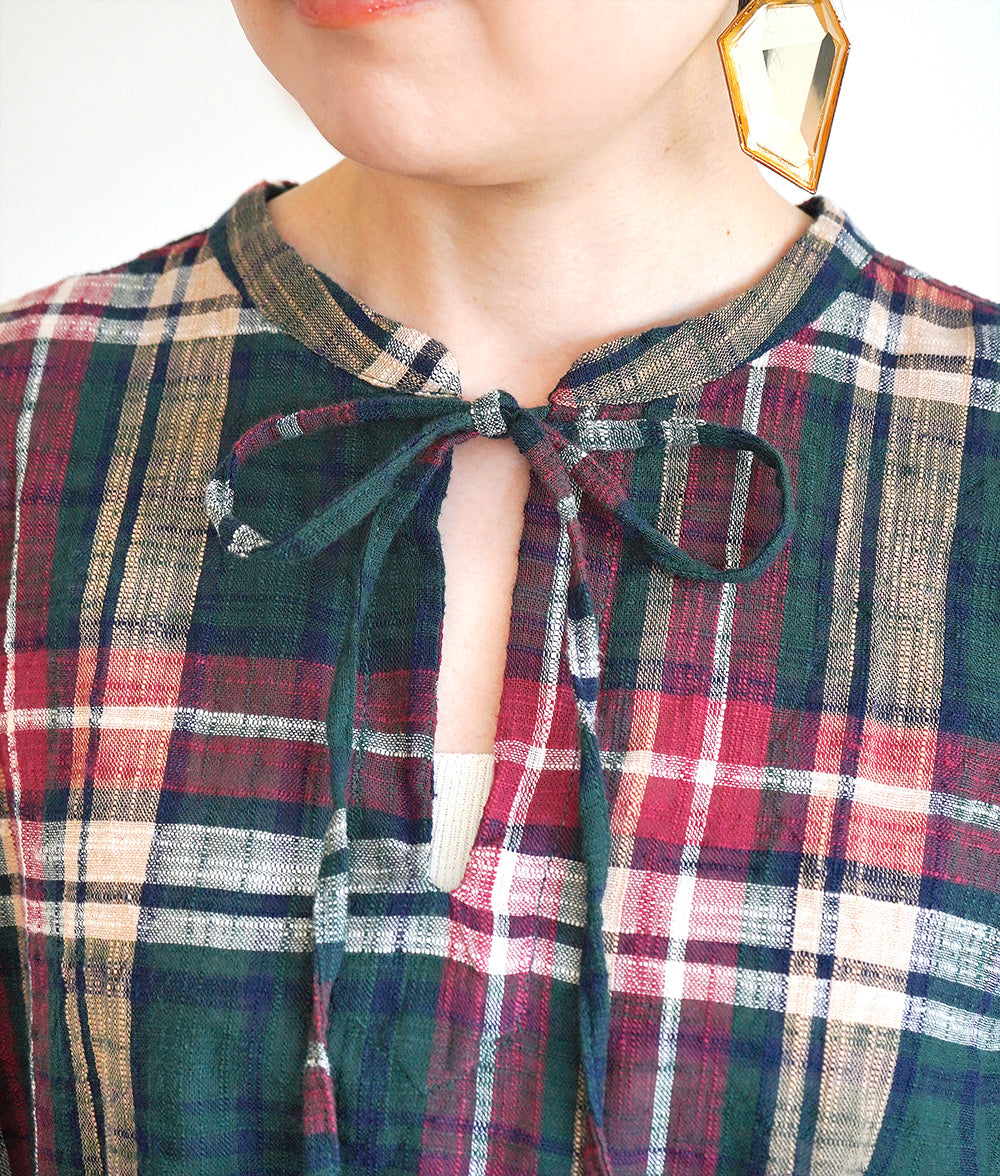 【SALE】Natural slub check blouse