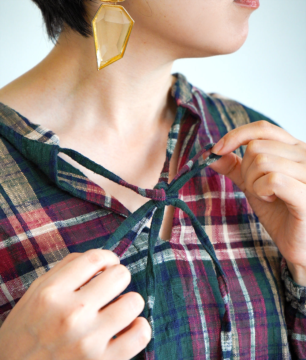 【SALE】Natural slub check blouse