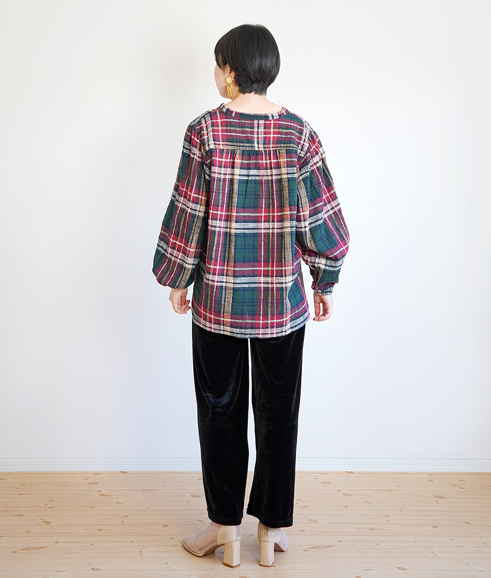 【SALE】Natural slub check blouse