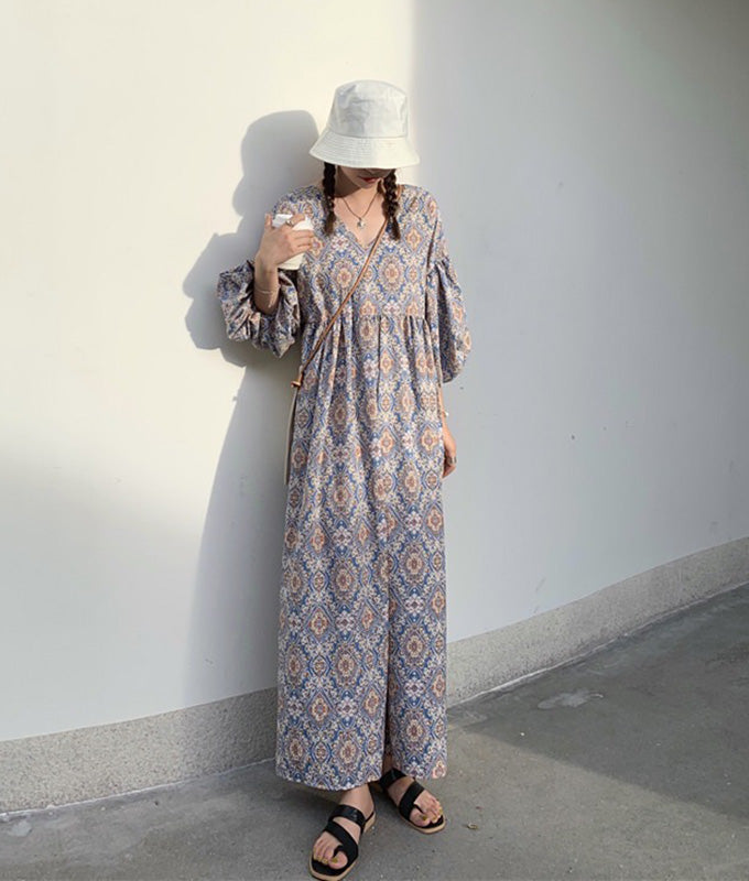 Arabesque pattern balloon sleeve dress