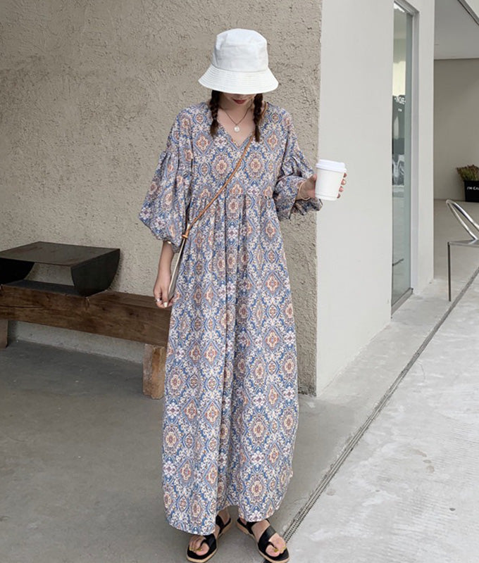 Arabesque pattern balloon sleeve dress