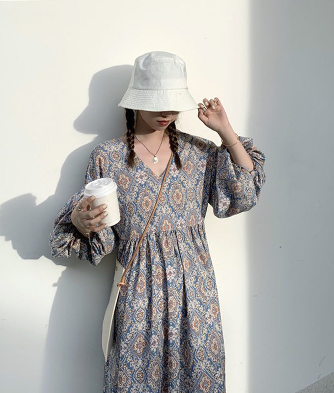 Arabesque pattern balloon sleeve dress