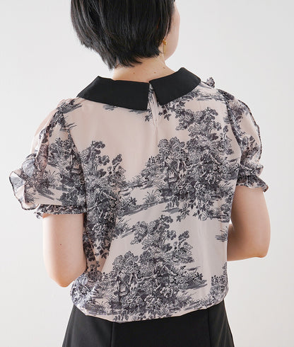 Landscape pattern blouse with plenty of frills