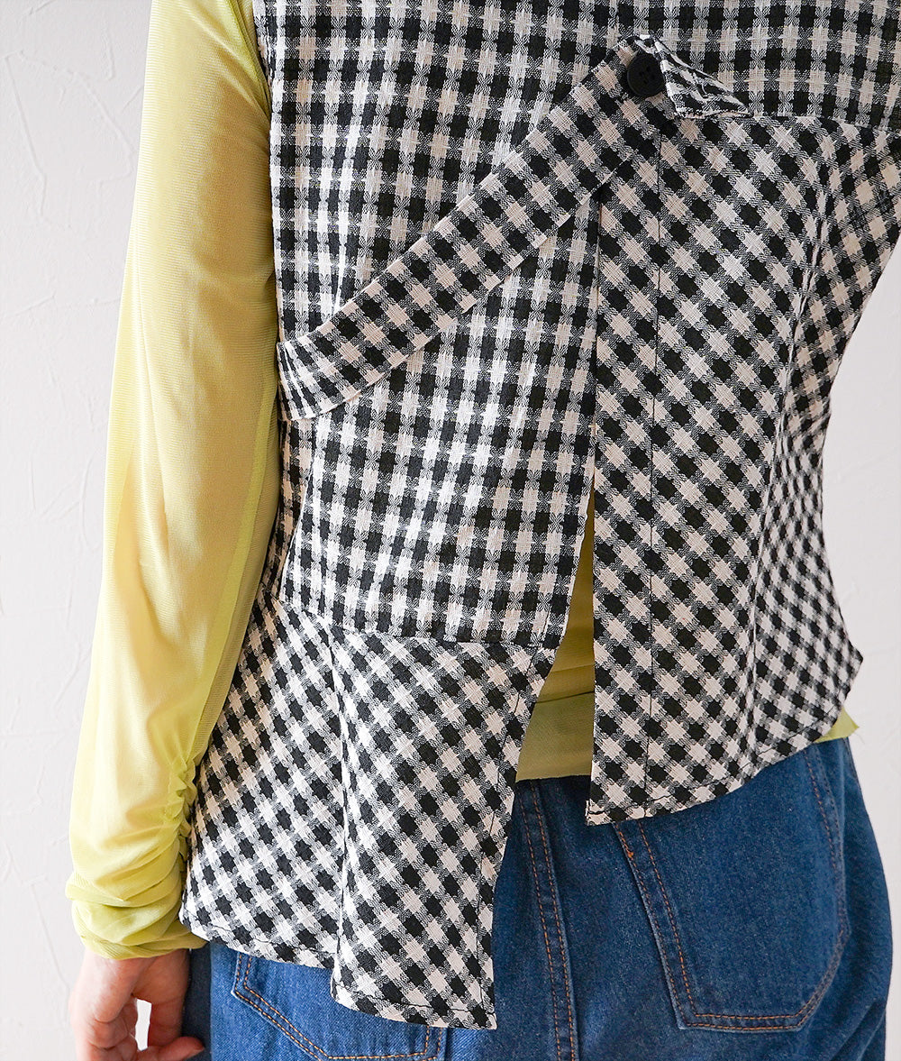 Asymmetric tweed check vest