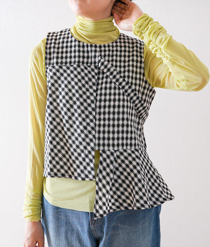 Asymmetric tweed check vest
