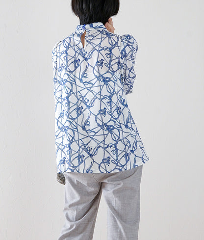 Rope-patterned puffy-sleeve blouse