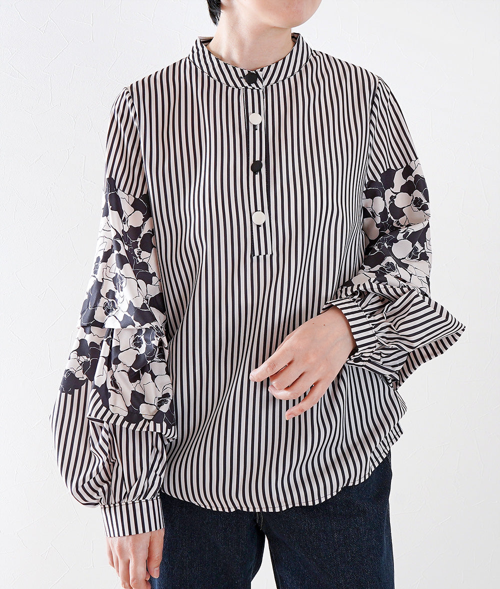 Striped blouse with flower puffy sleeves