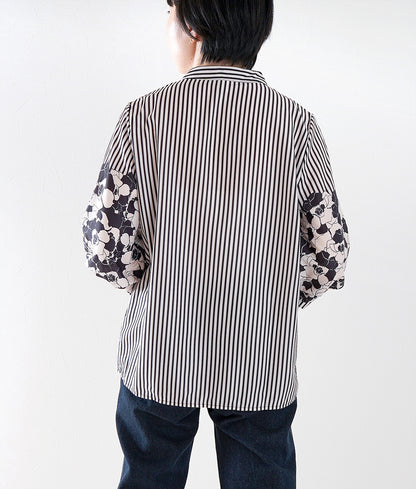 Striped blouse with flower puffy sleeves