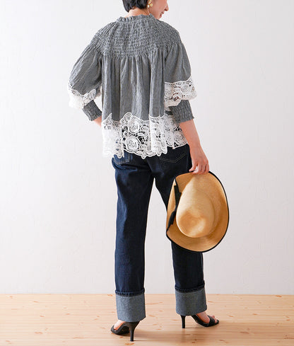 Floral lace and gingham blouse