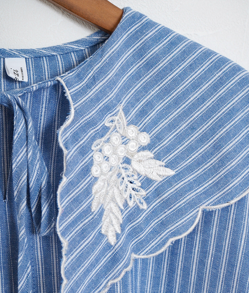 Grape embroidery big color striped blouse