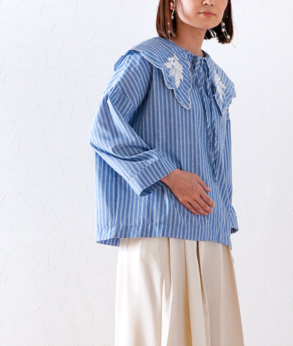 Grape embroidery big color striped blouse