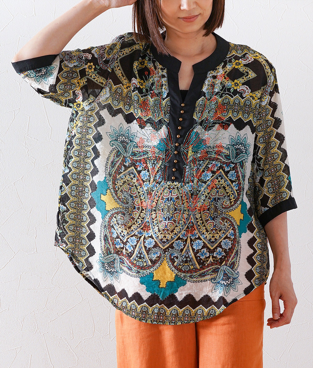 Flower stone and ethnic pattern blouse