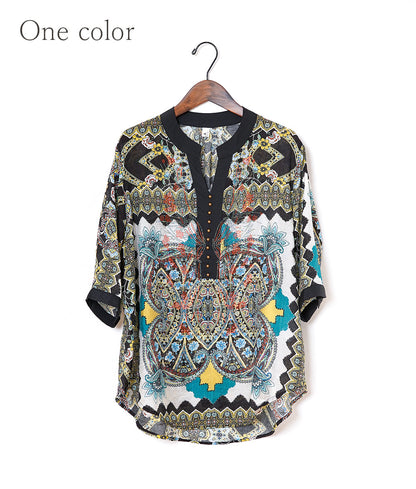 Flower stone and ethnic pattern blouse