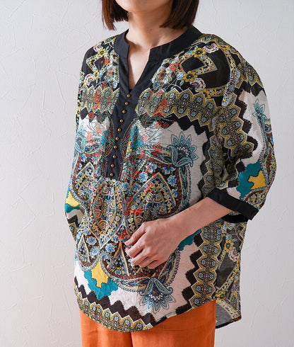 Flower stone and ethnic pattern blouse