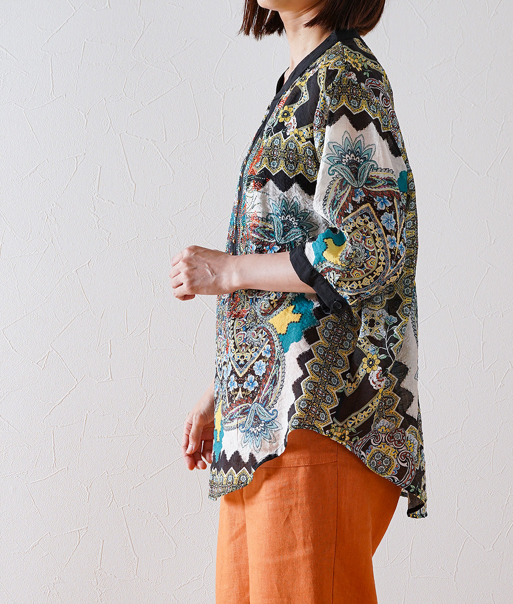 Flower stone and ethnic pattern blouse