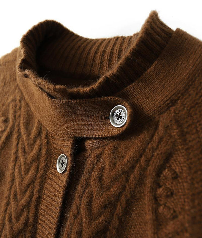 Cable knit cardigan with collar tab