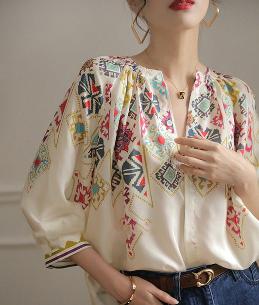 Ethnic pattern smock blouse