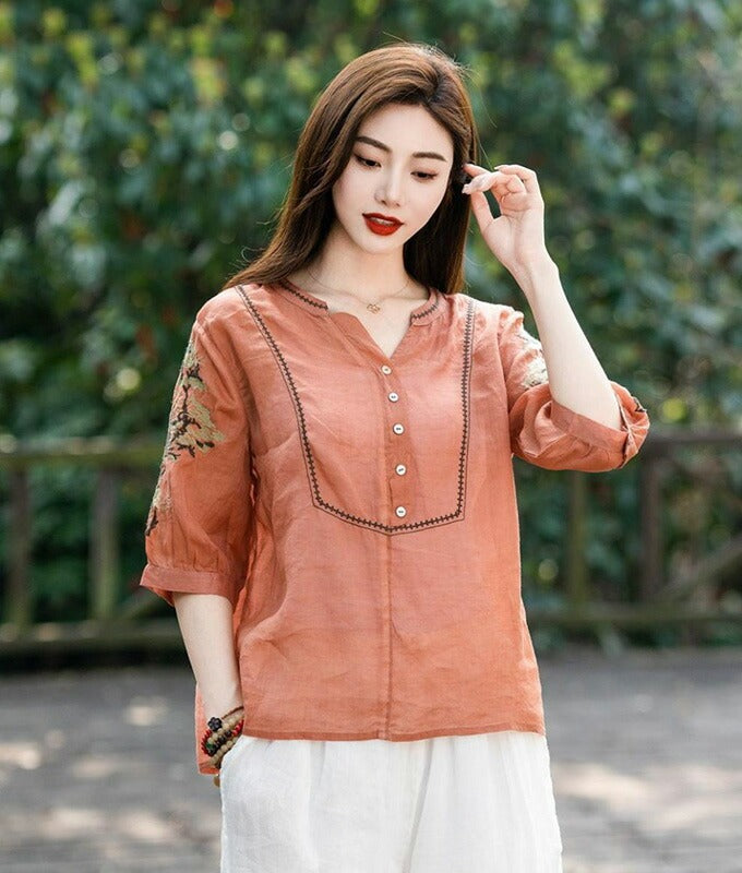 Sheer cotton blouse with flower embroidery