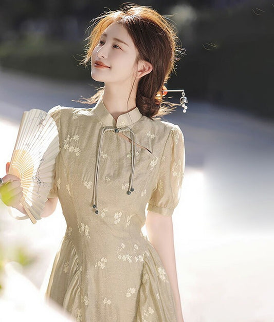 Sheer flower cheongsam dress