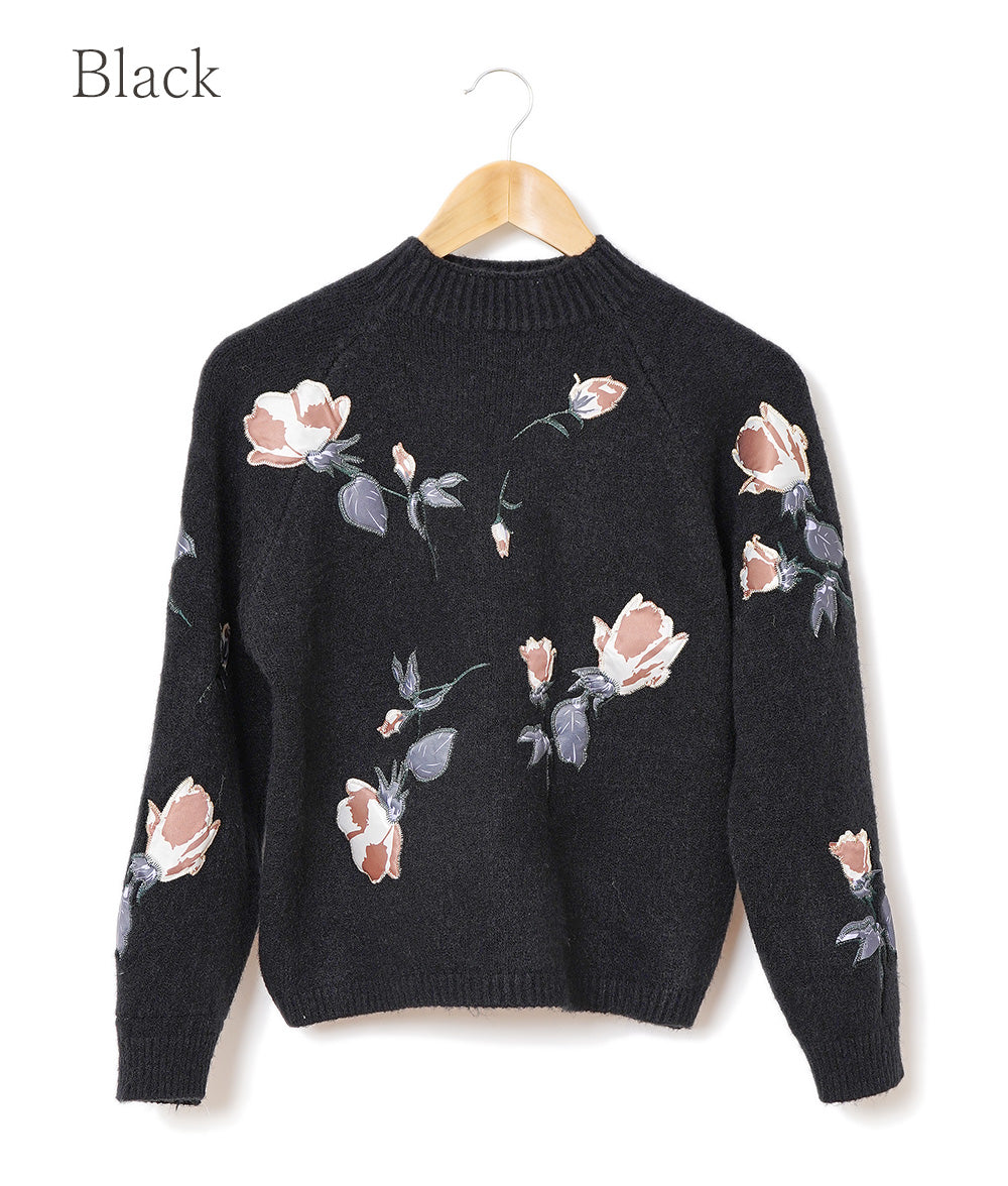 Satin flower embroidered knit