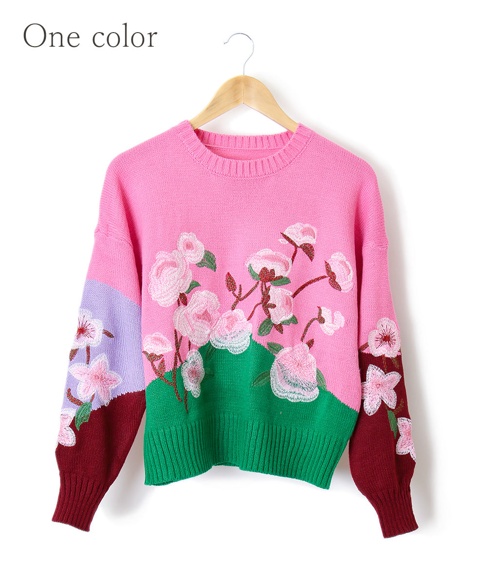 Vivid color embroidery flower knit