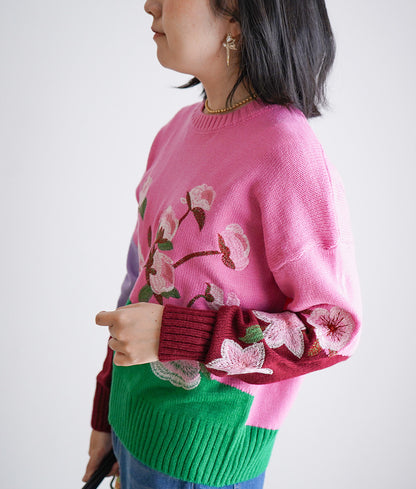 Vivid color embroidery flower knit