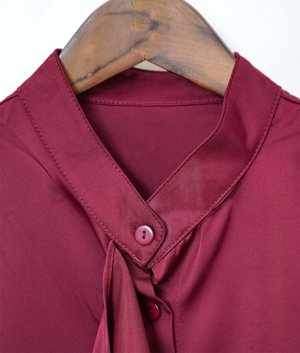 Shiny wine red asymmetric bowtie blouse