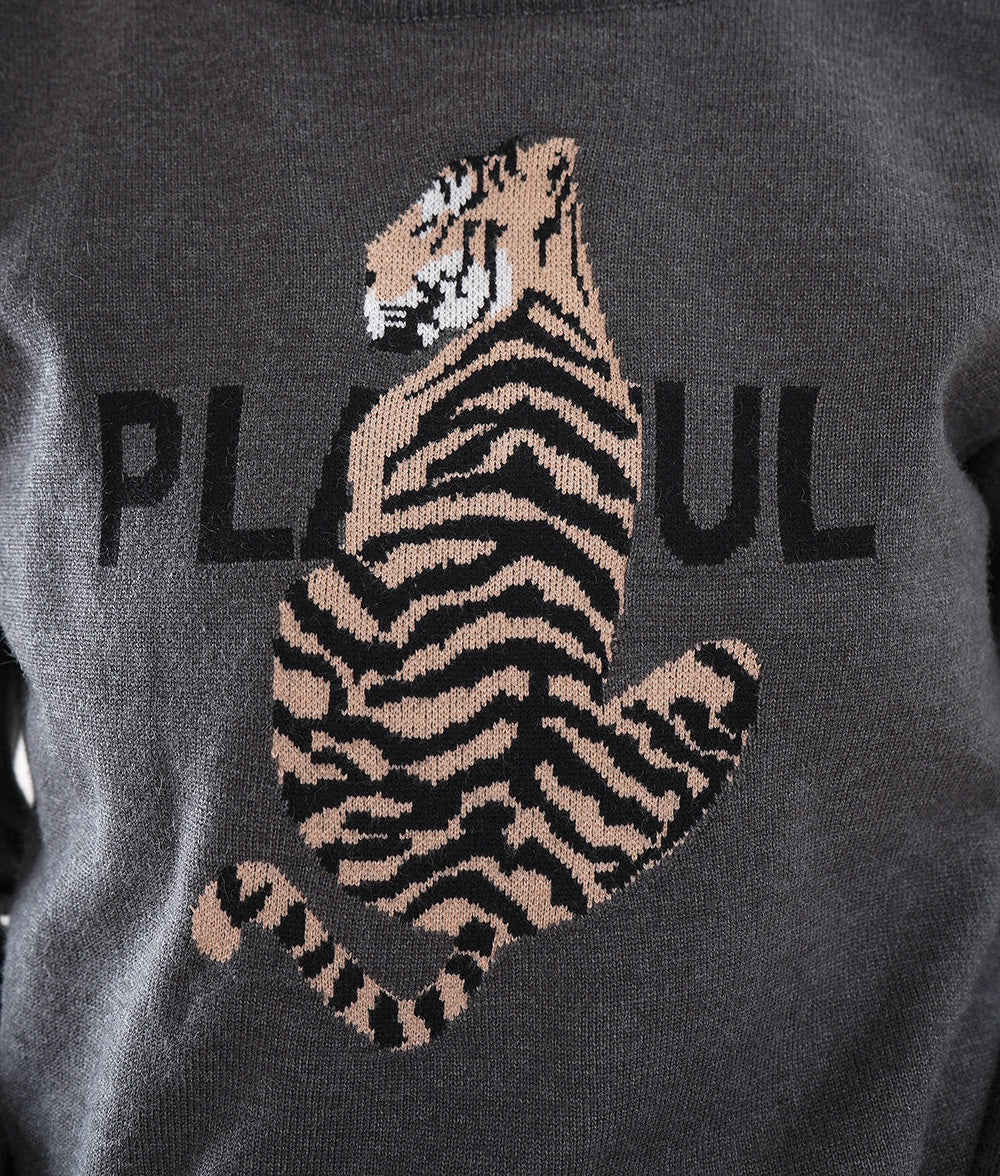 Jacquard knit of the tiger that a back figure shines in