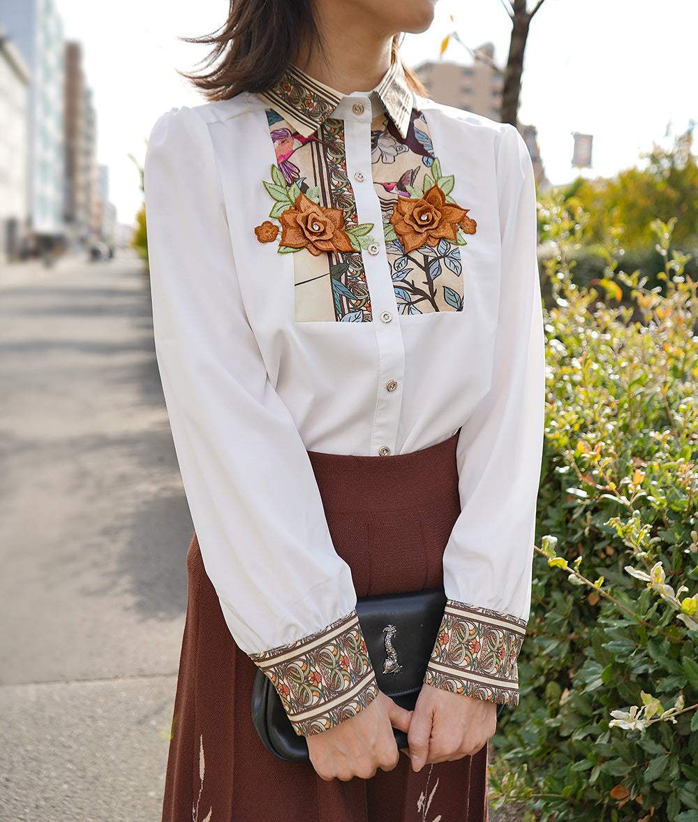 Art nouveau pattern and floral embroidery blouse