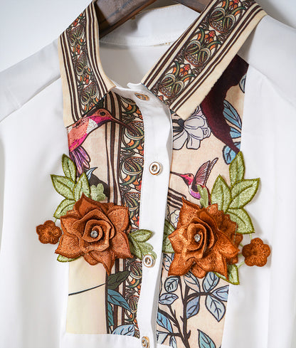 Art nouveau pattern and floral embroidery blouse