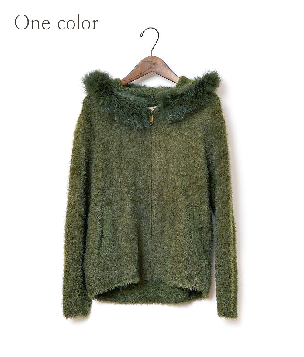 Fur-trimmed shaggy knit hoodie