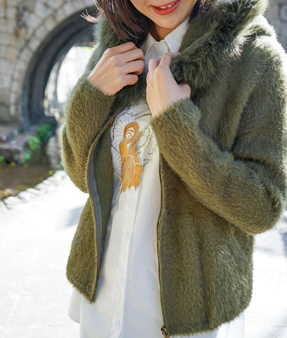 Fur-trimmed shaggy knit hoodie