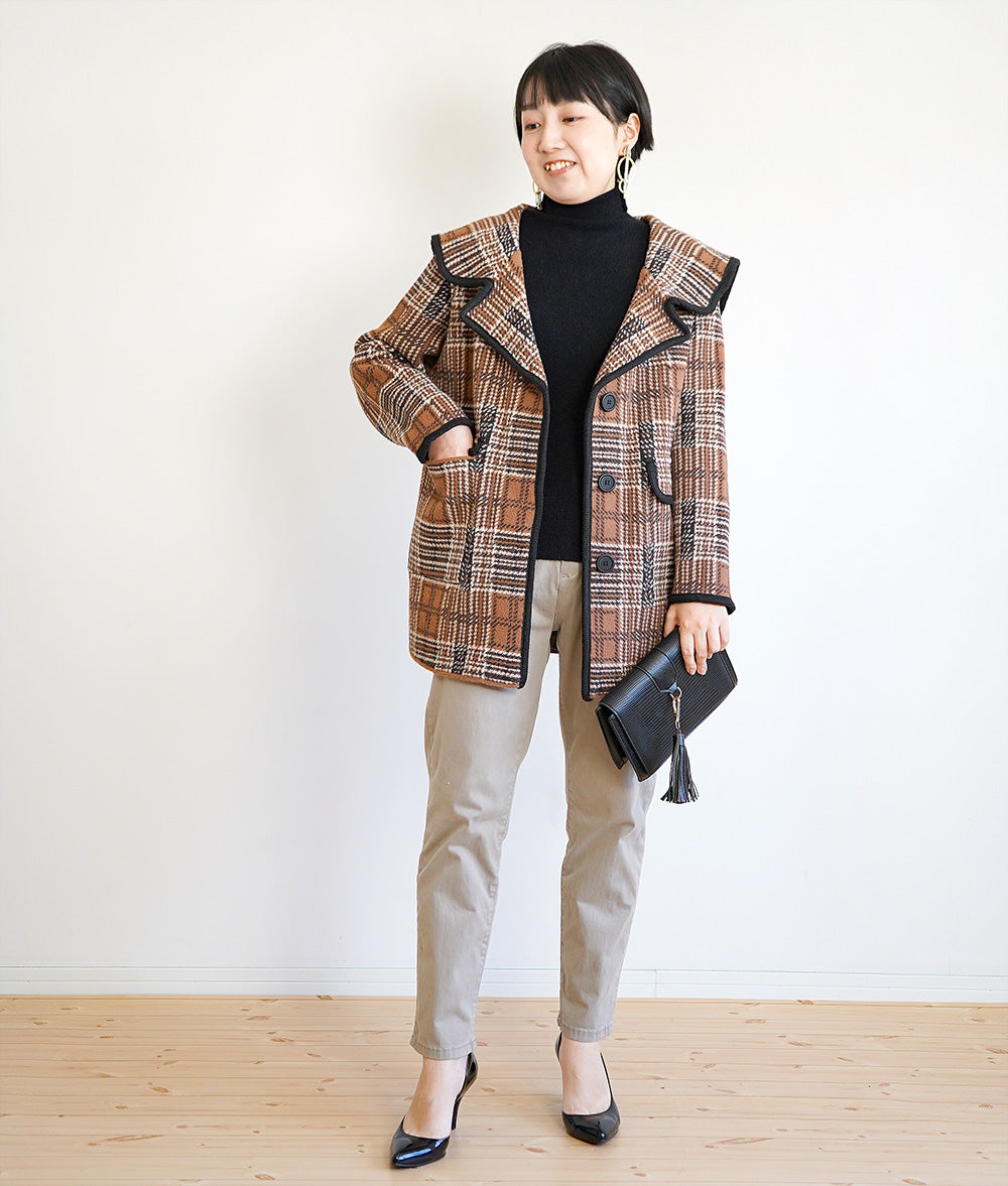 Sailor collar check knit coat