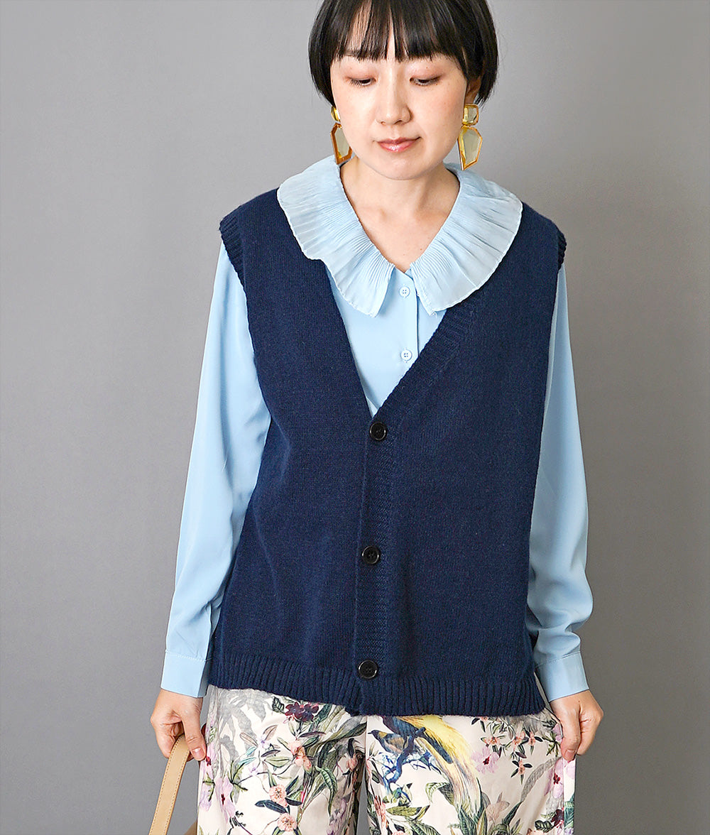 【SALE】Pleated frill blouse and knitted vest