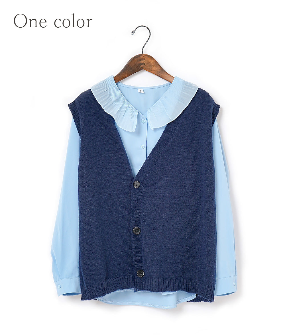 【SALE】Pleated frill blouse and knitted vest