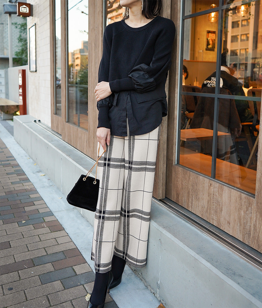 Large check knit wide pants