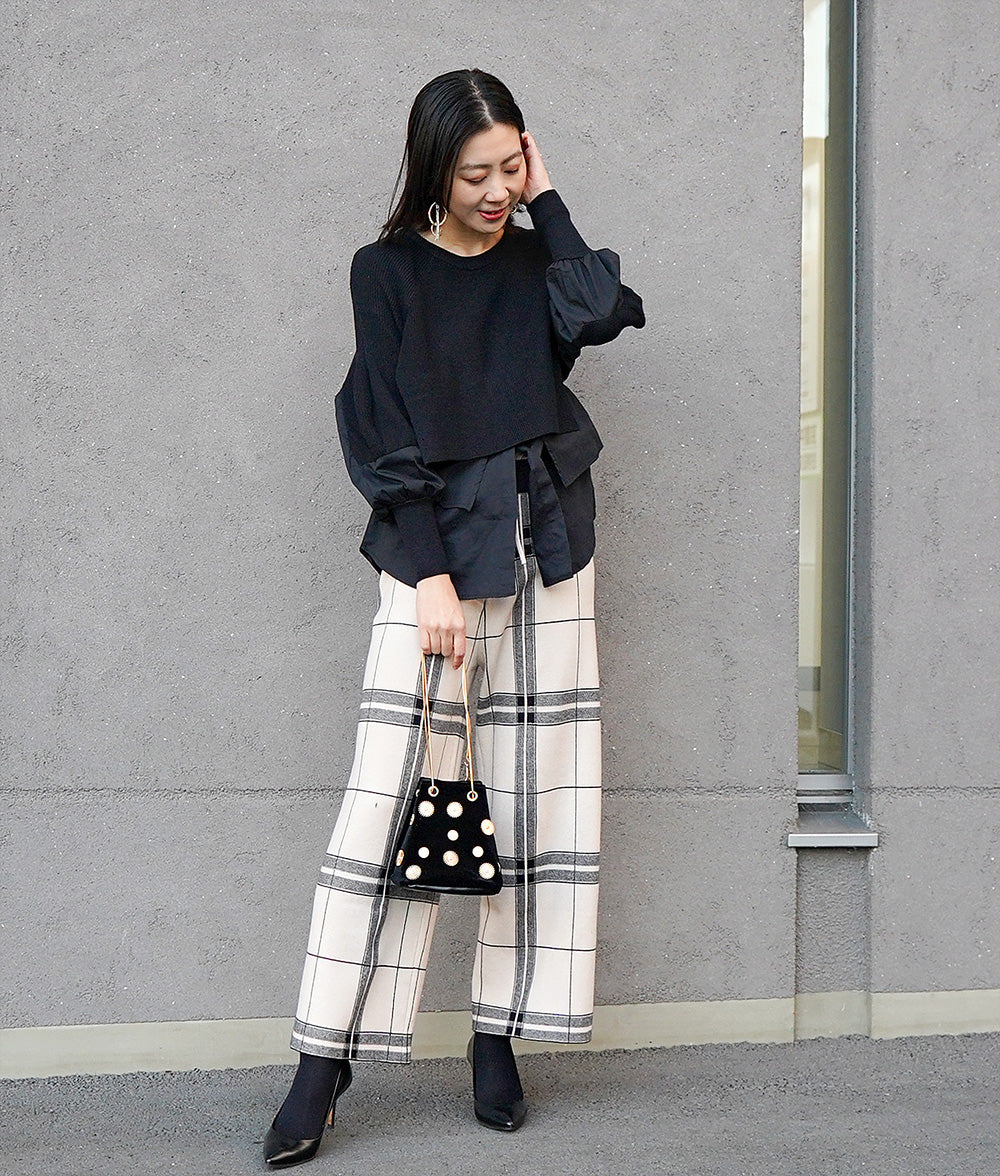 Large check knit wide pants