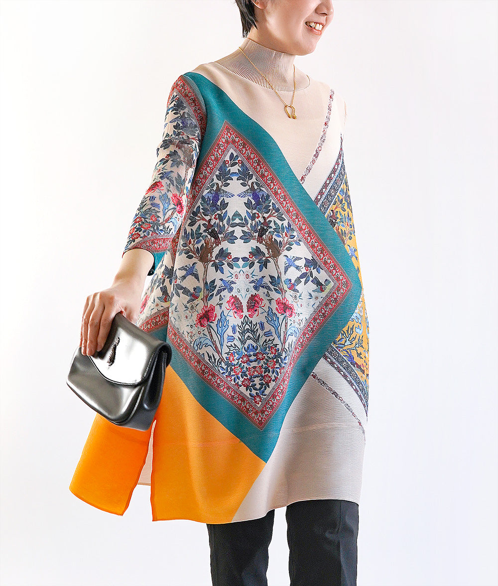Flower and bird scarf pattern pleated dress