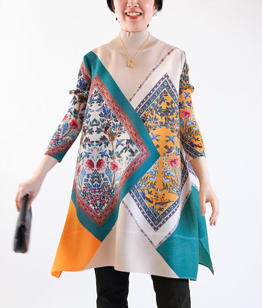 Flower and bird scarf pattern pleated dress