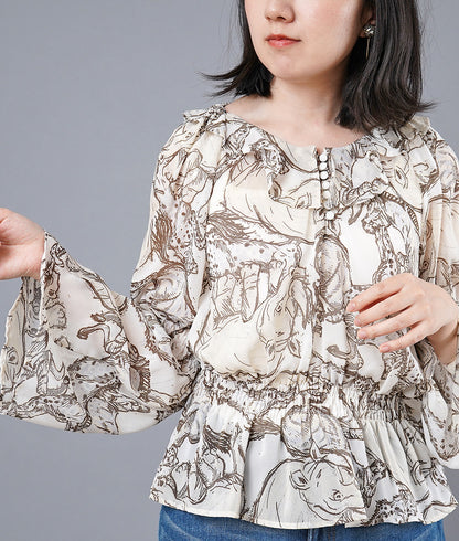 【SALE】Safari print fluffy shirring blouse