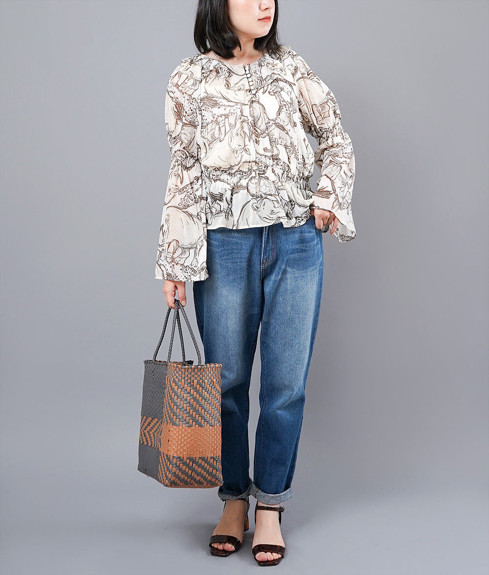 【SALE】Safari print fluffy shirring blouse