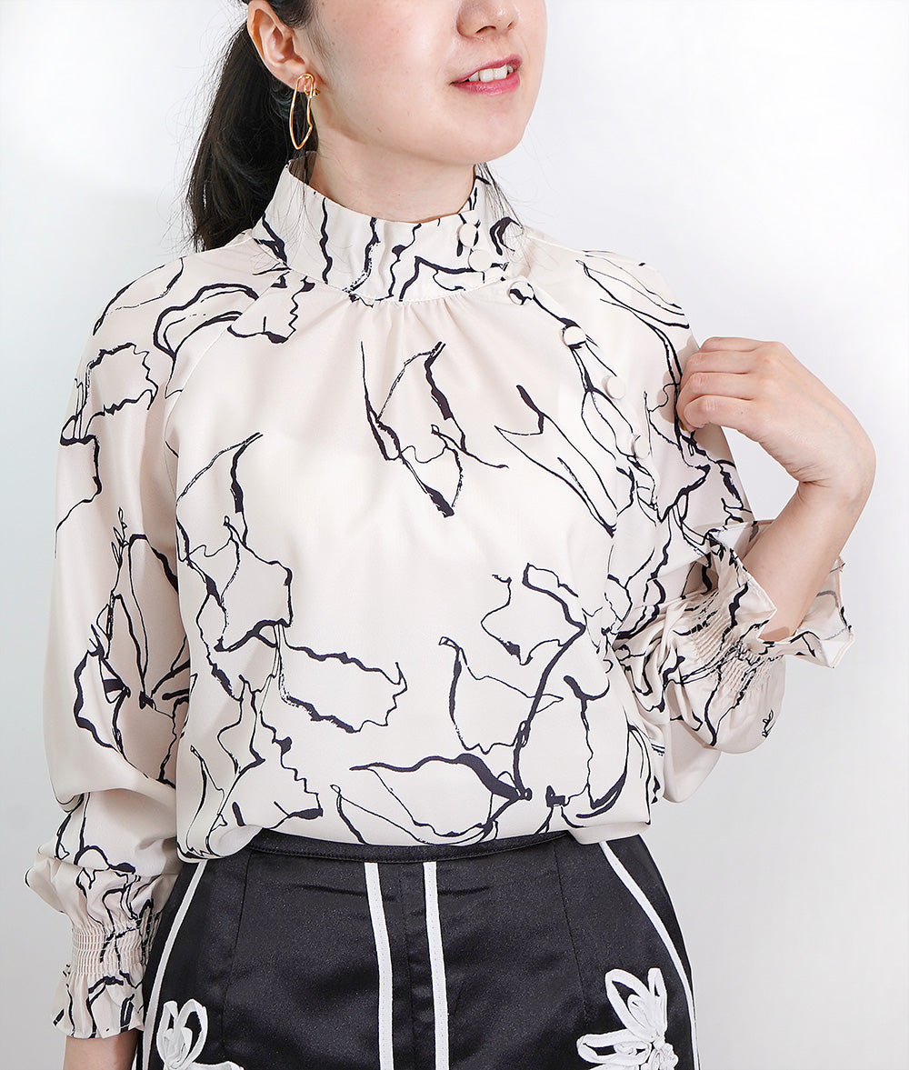 Elegant drawing print blouse with a high collar