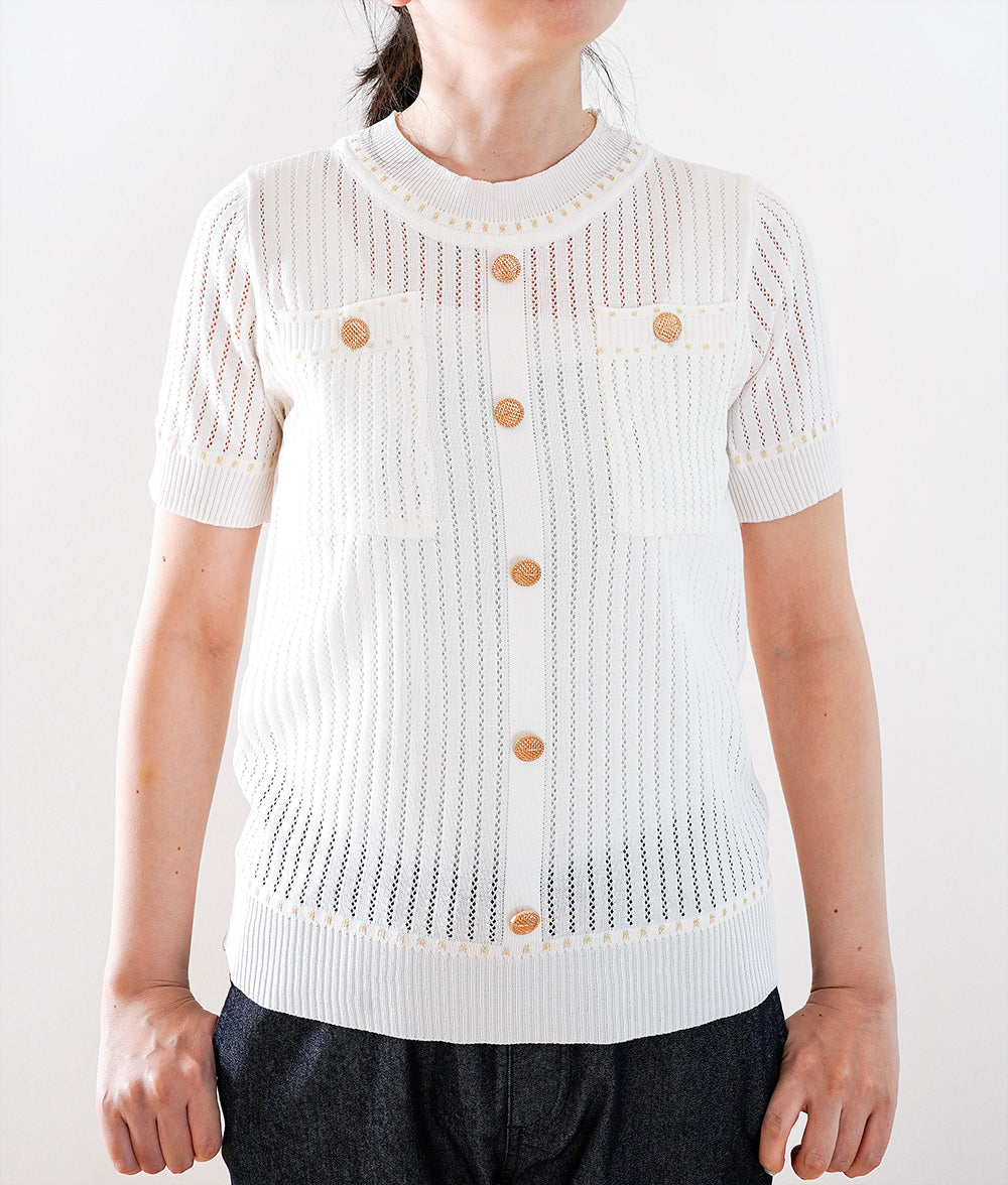 【SALE】Openwork short sleeve knit with gold buttons