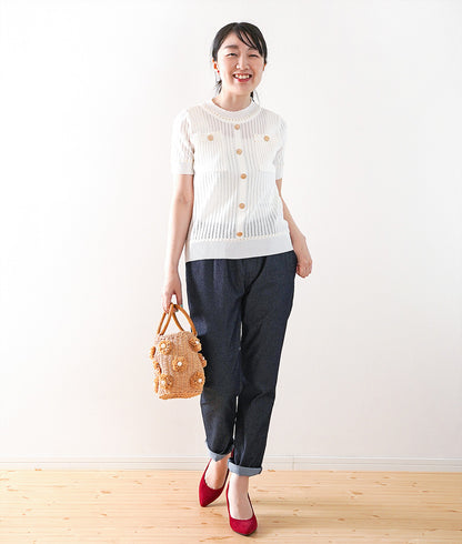 【SALE】Openwork short sleeve knit with gold buttons