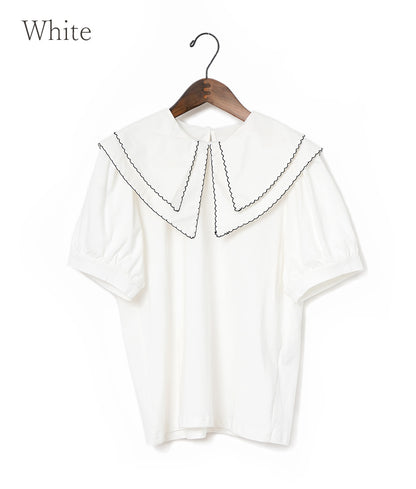 【SALE】A sweet big color blouse with a wavy collar