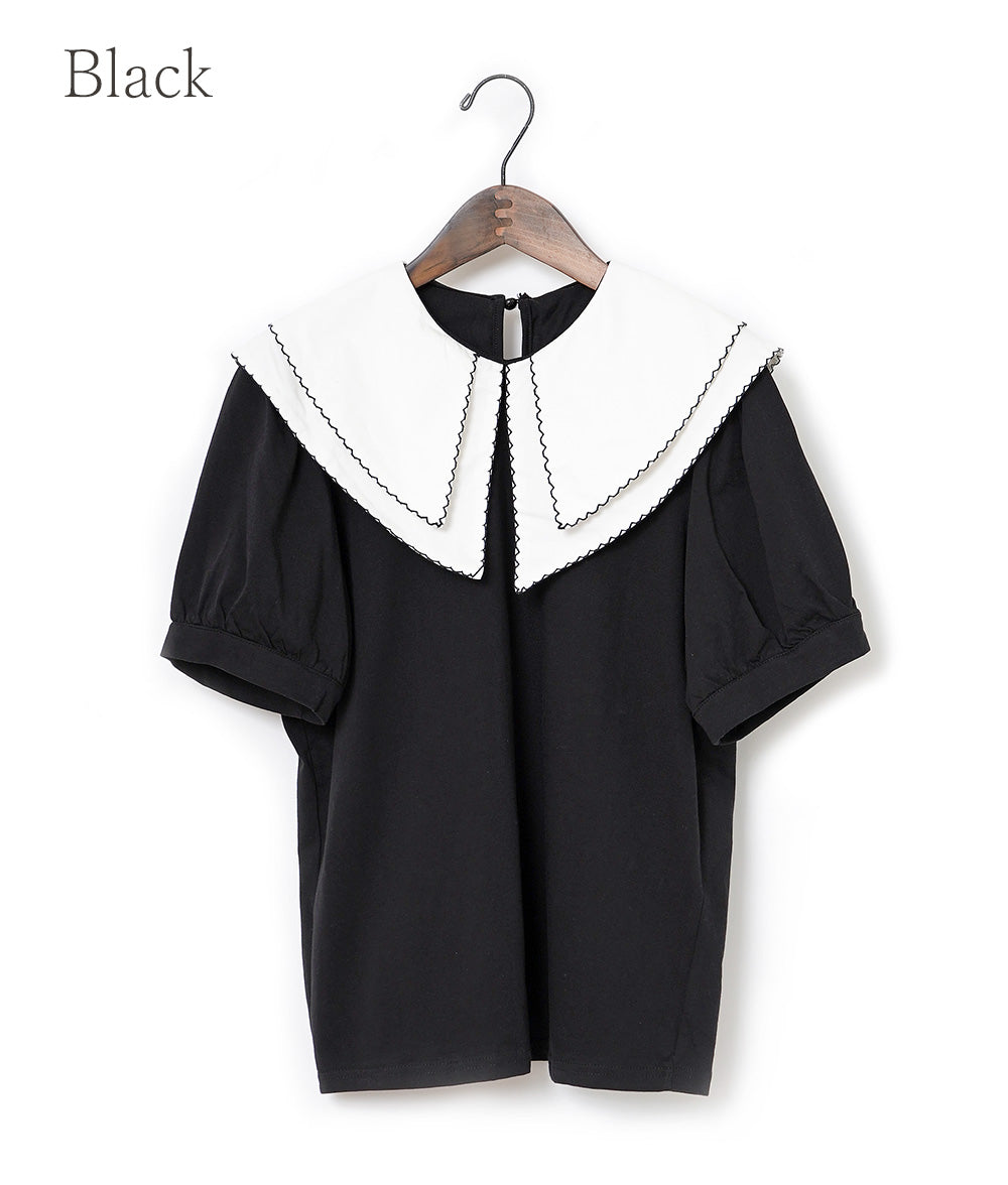 【SALE】A sweet big color blouse with a wavy collar